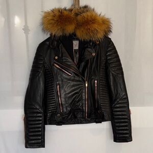 Women's Black Leather Jacket with Removable Real Fur Hood NWT